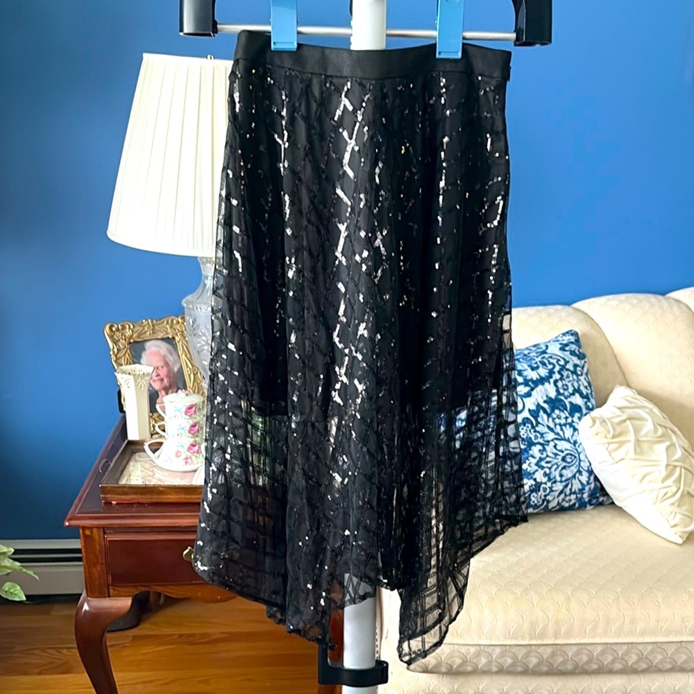 Motf x Chrisitan Siriano Elegant Black Asymmetrical Handkerchief Sequin Skirt